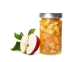 Photo of Tasty apple jam in glass jar and fresh fruit on white background