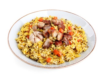 Photo of Delicious pilaf with meat, carrot and garlic isolated on white