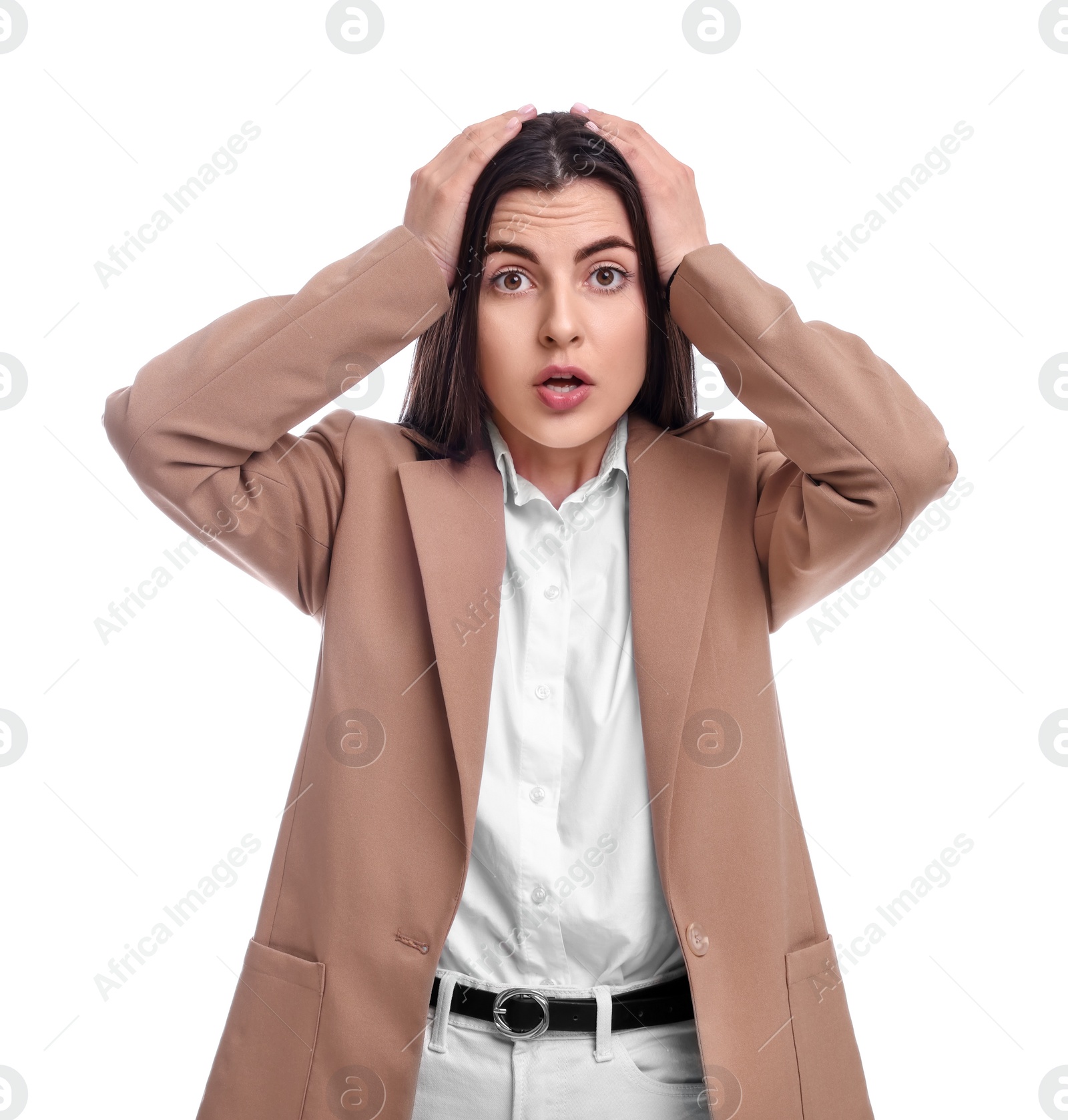 Photo of Beautiful emotional business woman on white background