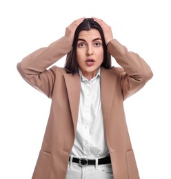 Photo of Beautiful emotional business woman on white background