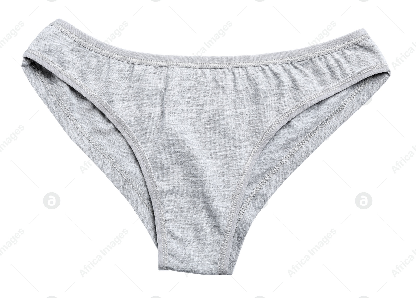Photo of Comfortable grey women's underwear isolated on white, top view