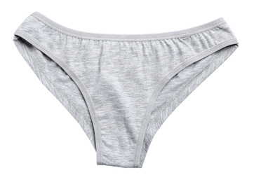 Comfortable grey women's underwear isolated on white, top view