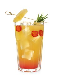 Photo of Spicy pineapple cocktail with chili pepper and rosemary isolated on white