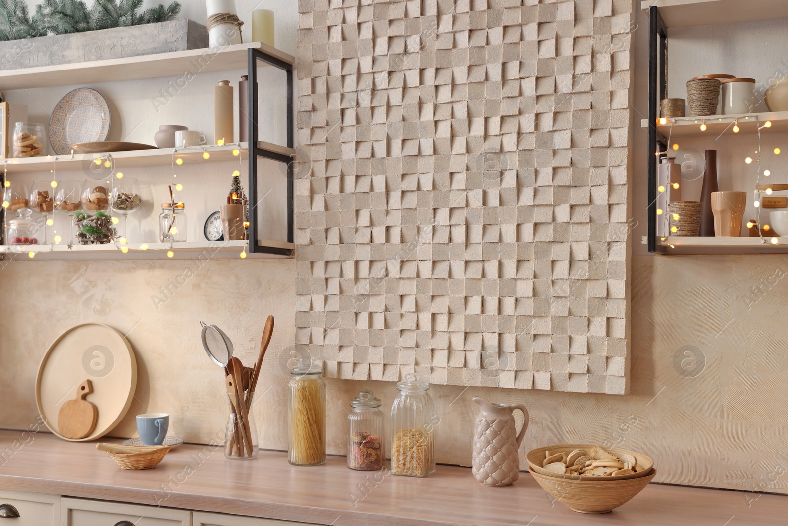 Photo of Kitchen interior with festive decor. Christmas celebration