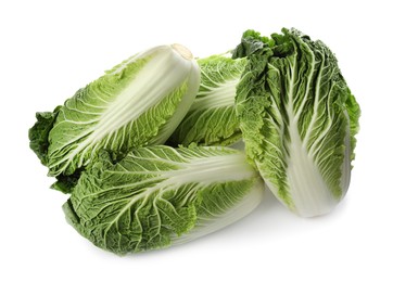 Photo of Fresh tasty Chinese cabbages on white background