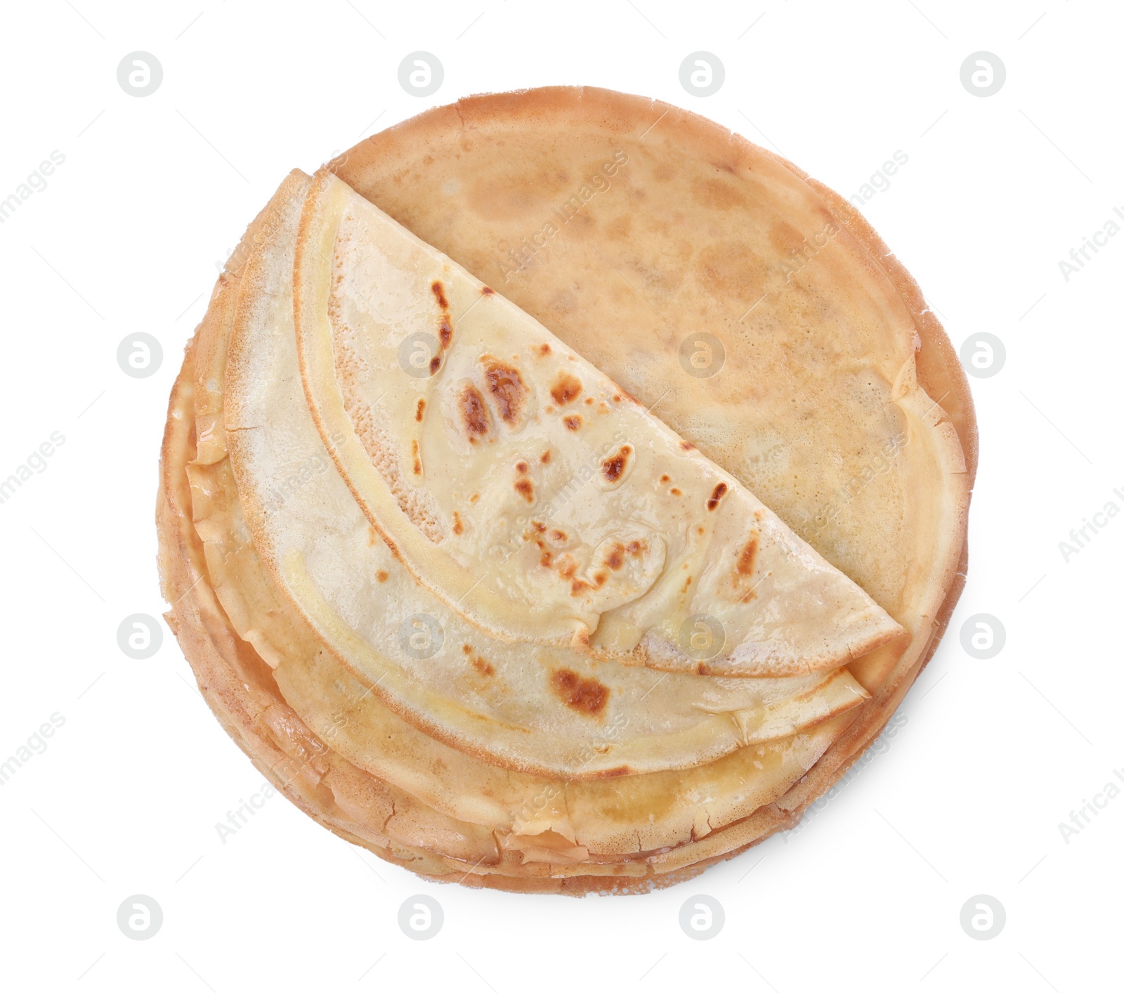 Photo of Stack of delicious crepes on white background, top view