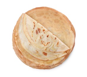 Photo of Stack of delicious crepes on white background, top view