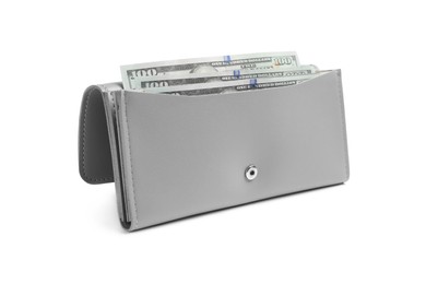 Stylish light grey leather purse with dollar banknotes on white background