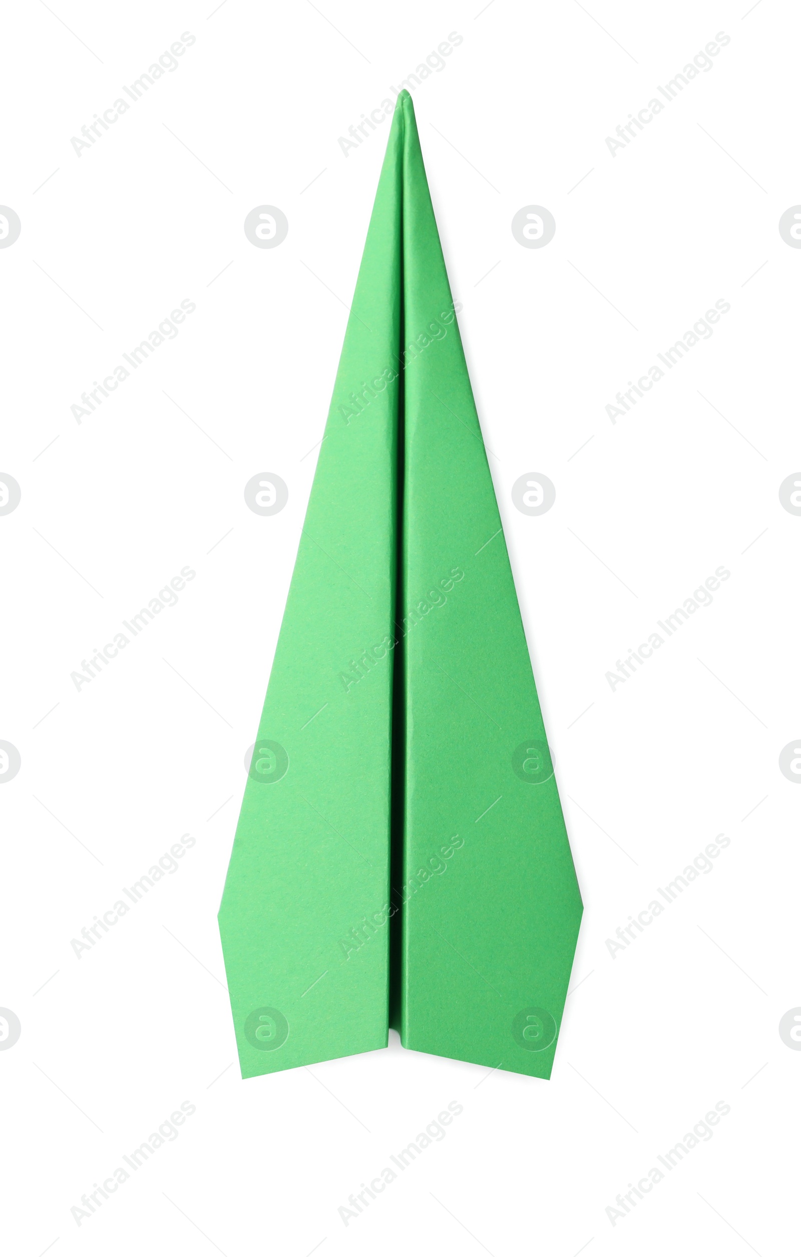 Photo of Handmade green paper plane isolated on white, top view