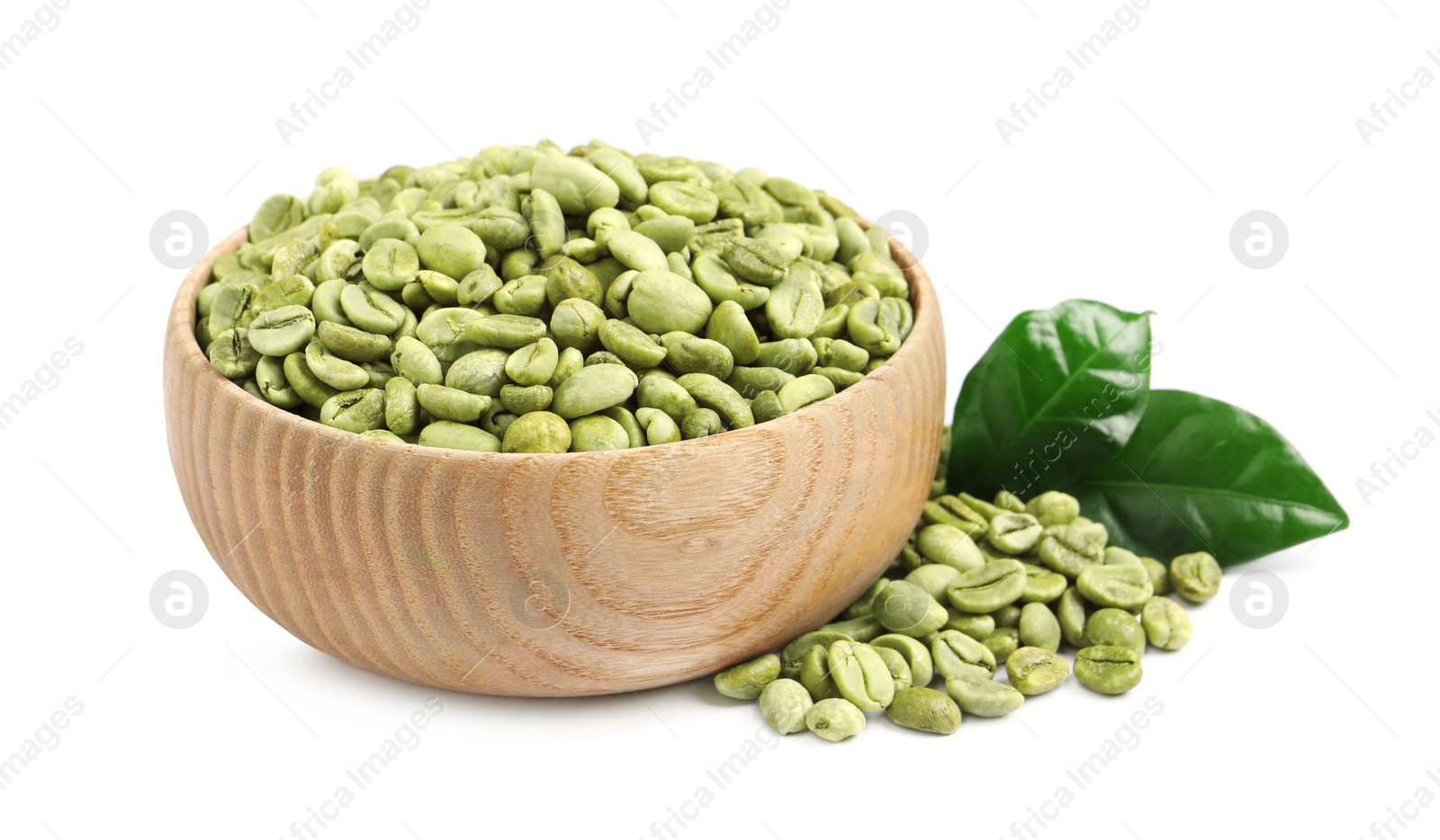 Photo of Green coffee beans with leaves on white background
