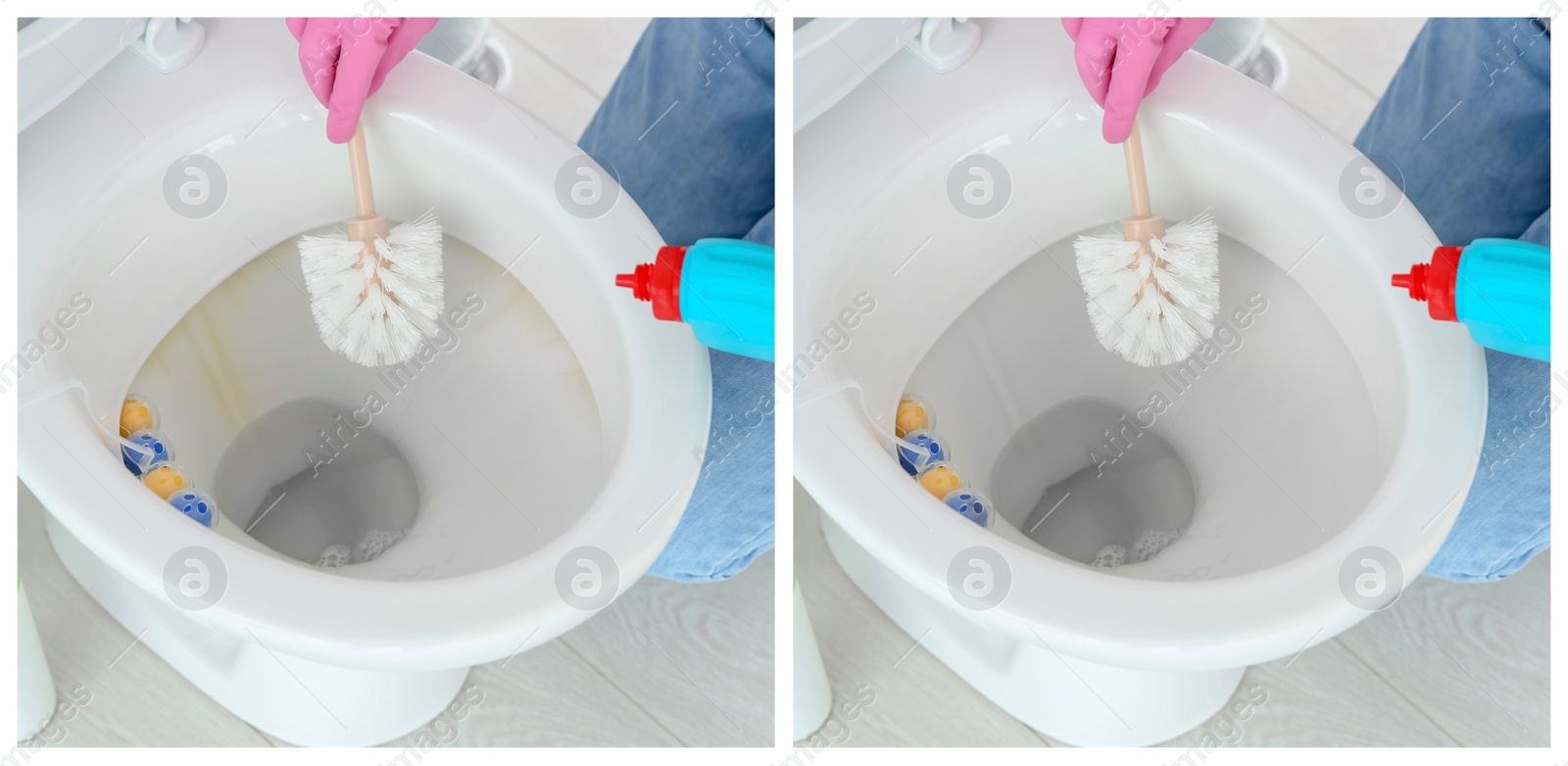 Image of Woman cleaning toilet bowl with brush and detergent in bathroom, closeup. Before and after 