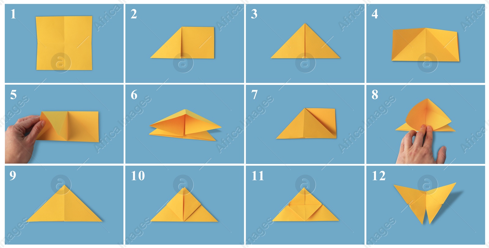 Image of Origami art. Making yellow paper butterfly step by step, photo collage on light blue background