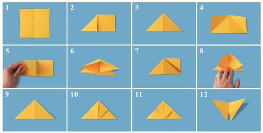 Origami art. Making yellow paper butterfly step by step, photo collage on light blue background