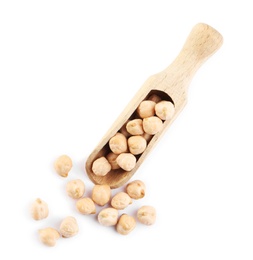 Photo of Wooden scoop with chickpeas on white background, top view. Natural food