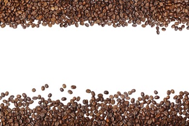 Image of Many roasted coffee beans on white background, top view