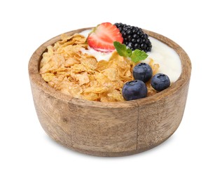 Delicious crispy cornflakes, yogurt and fresh berries in bowl on white background. Healthy breakfast