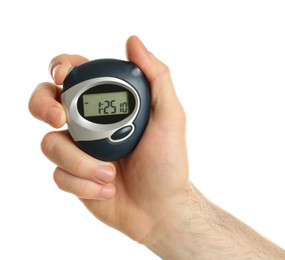 Man holding digital timer on white background, closeup