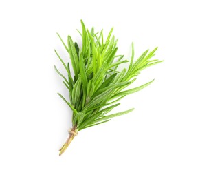 Bunch of aromatic fresh rosemary leaves on white background, top view