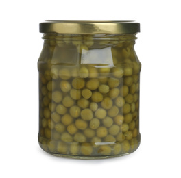 Photo of Glass jar with pickled green peas isolated on white