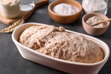 Photo of Fresh sourdough, flour and spikes on grey table