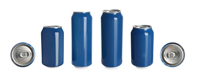 Image of Set with aluminum beverage cans on white background. Banner design