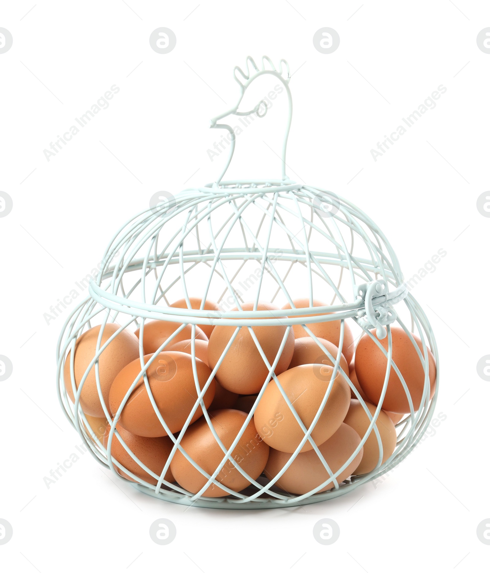 Photo of Chicken eggs in metal basket isolated on white