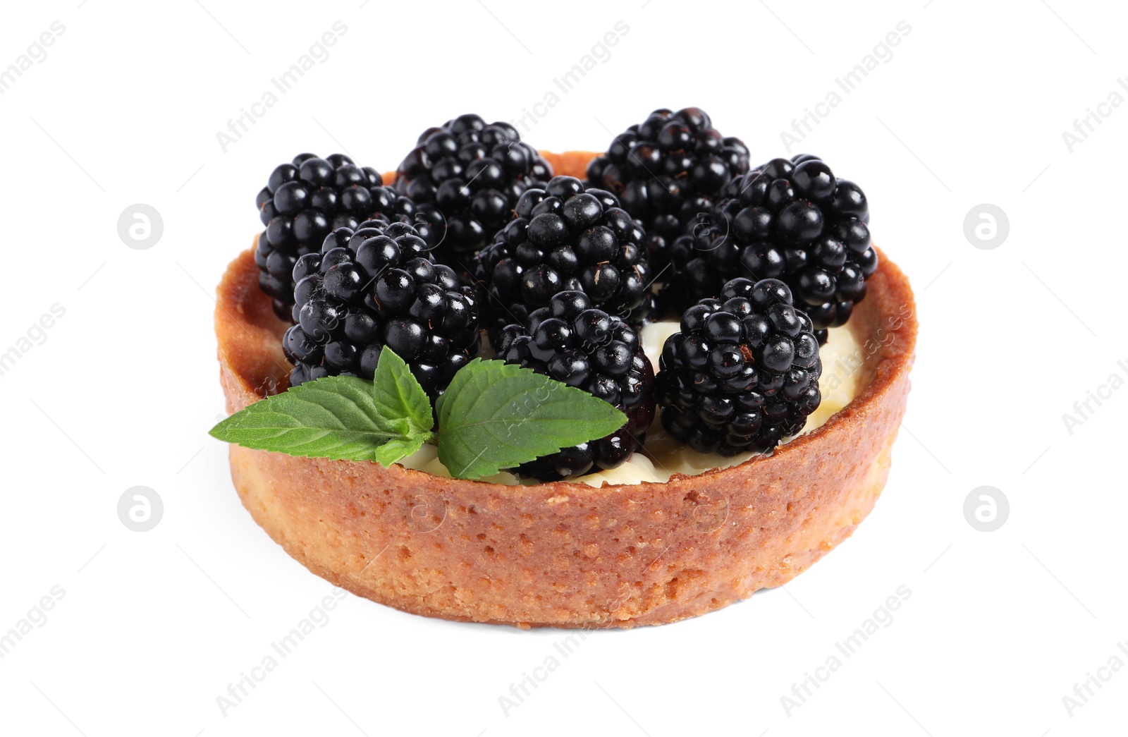 Photo of Tartlet with fresh blackberries and mint isolated on white. Delicious dessert