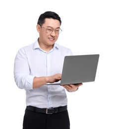 Photo of Businessman in formal clothes with laptop on white background