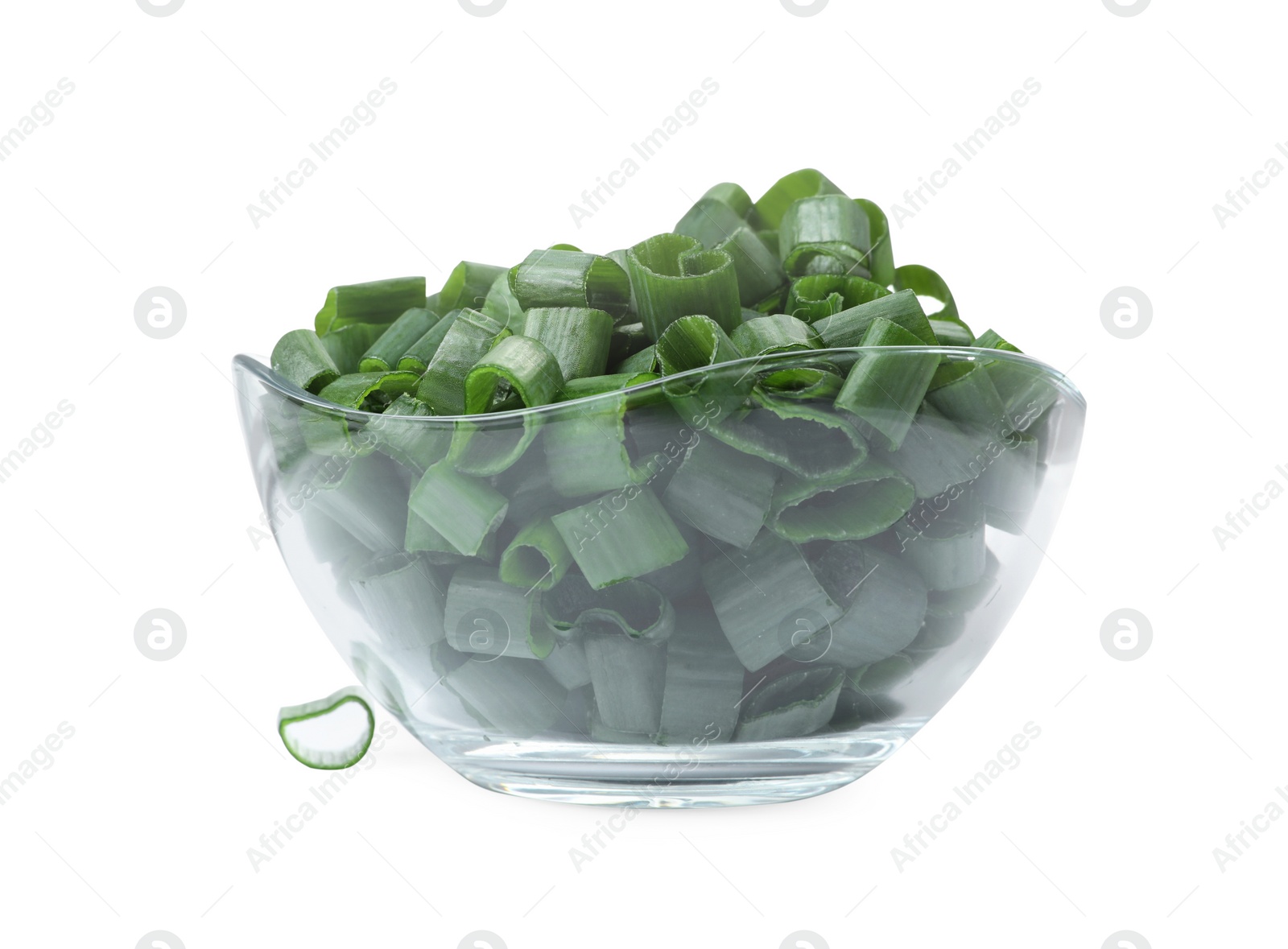 Photo of Chopped fresh green onion in bowl isolated on white