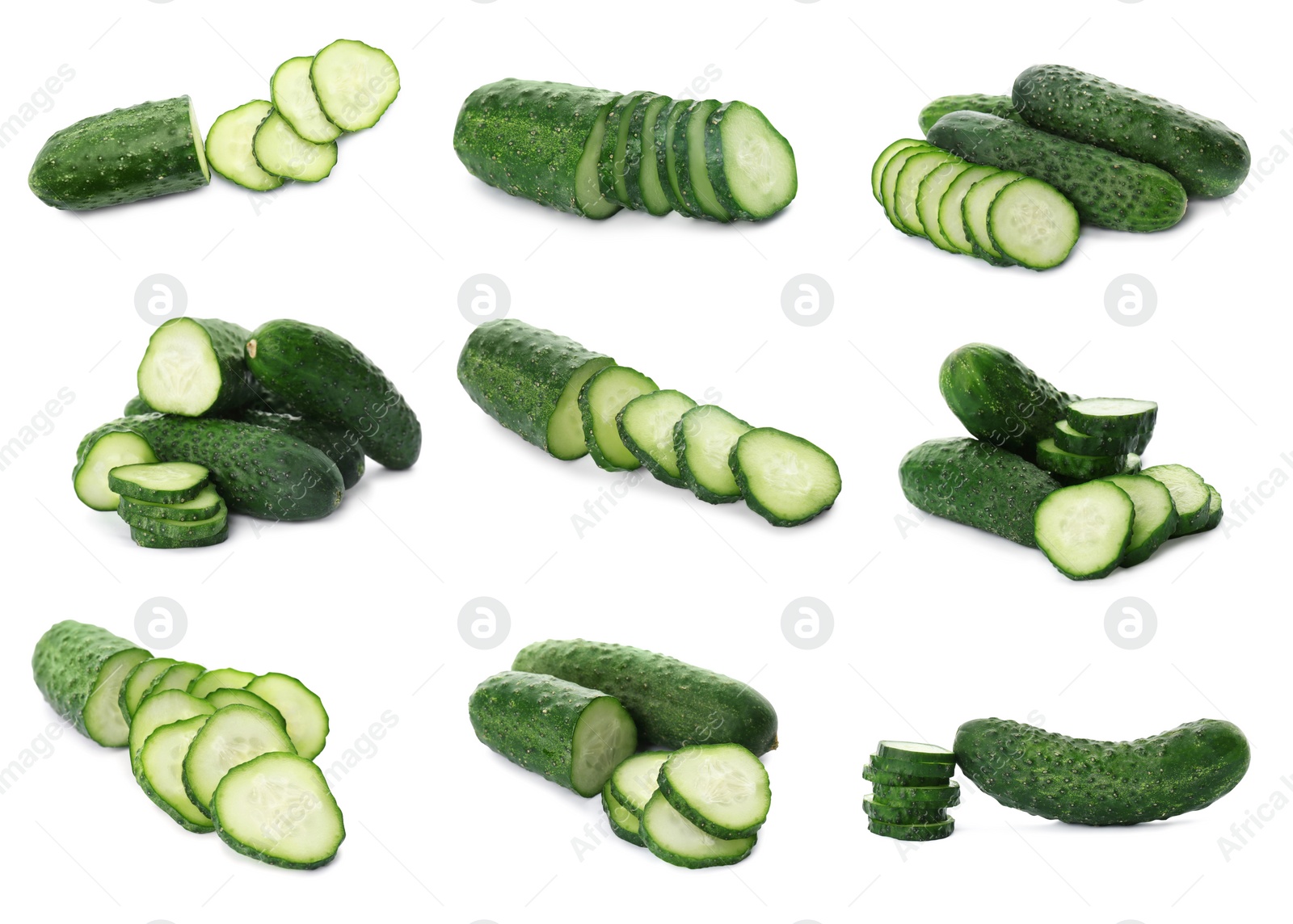 Set with whole and cut ripe cucumbers on white background Image of Set with whole and cut ripe cucumbers on white background