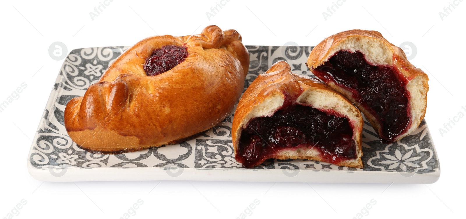 Photo of Delicious baked patties with cherry on white background