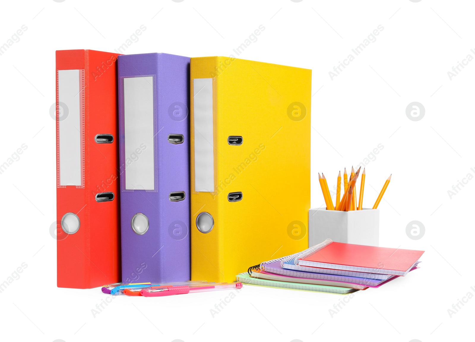 Photo of Bright office folders and different stationery isolated on white