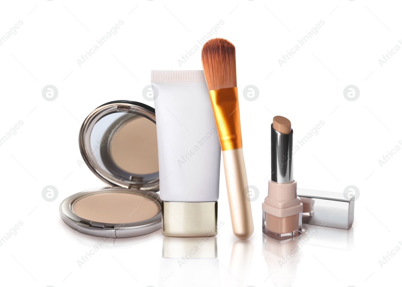 Image of Set with different decorative cosmetics on white background. Luxurious makeup products