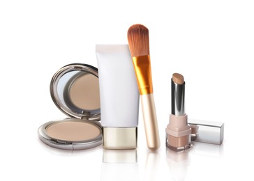 Image of Set with different decorative cosmetics on white background. Luxurious makeup products