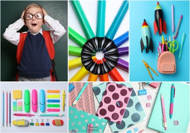 Collage with photos of cute boy and different stationery. Back to school