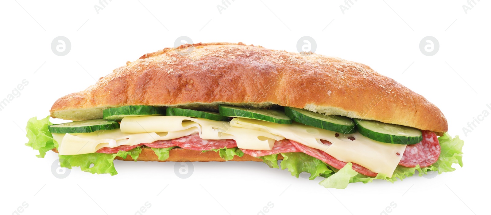 Photo of Delicious sandwich with cucumber, cheese, salami and lettuce leaves isolated on white