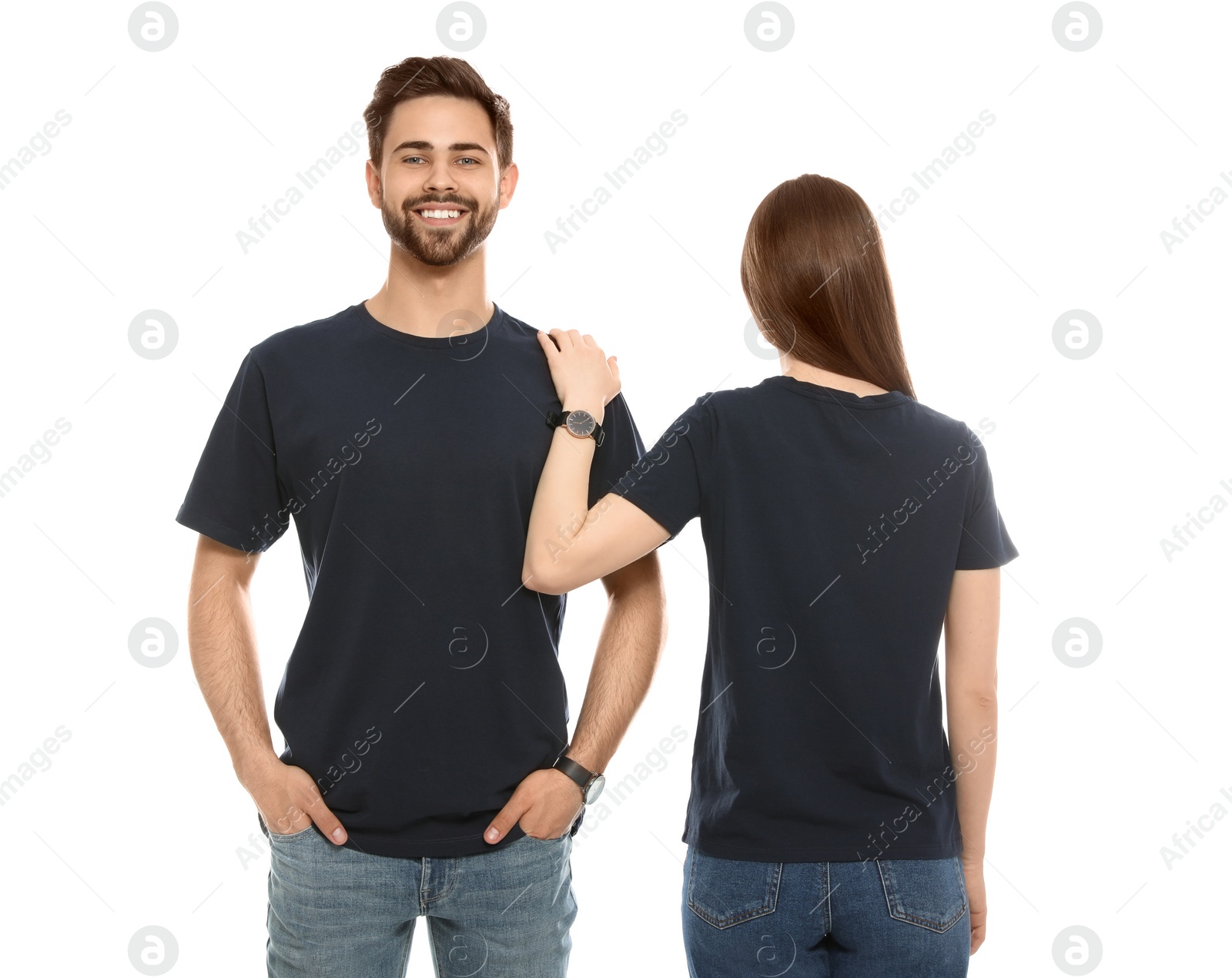 Photo of Young people in t-shirts on white background. Mock up for design