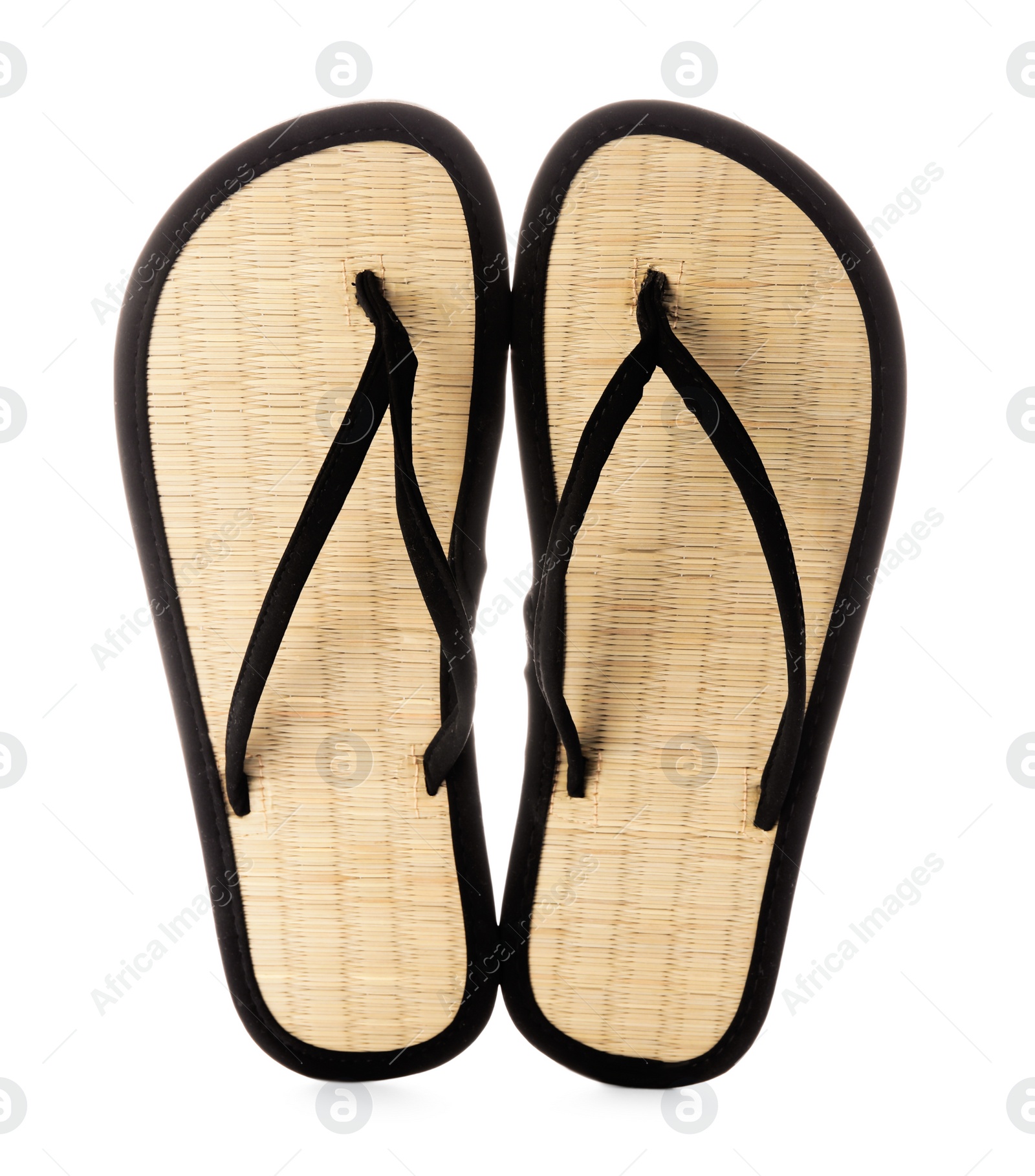 Photo of Pair of stylish flip flops on white background