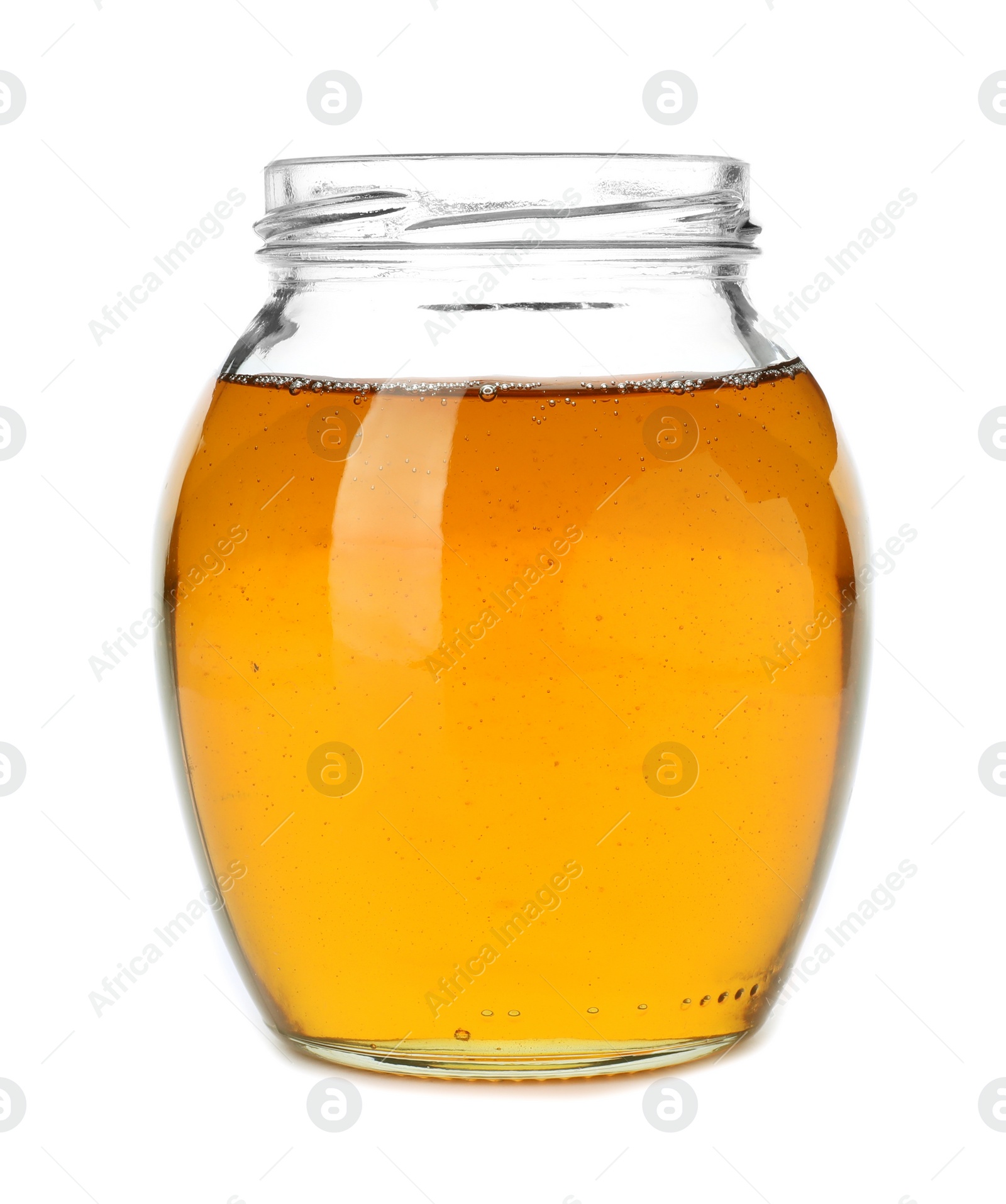 Photo of Jar with delicious honey on white background