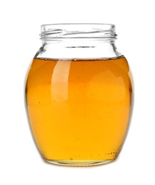 Jar with delicious honey on white background