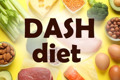 Dietary approaches to stop hypertension (Dash diet). Many different healthy food on yellow table, flat lay