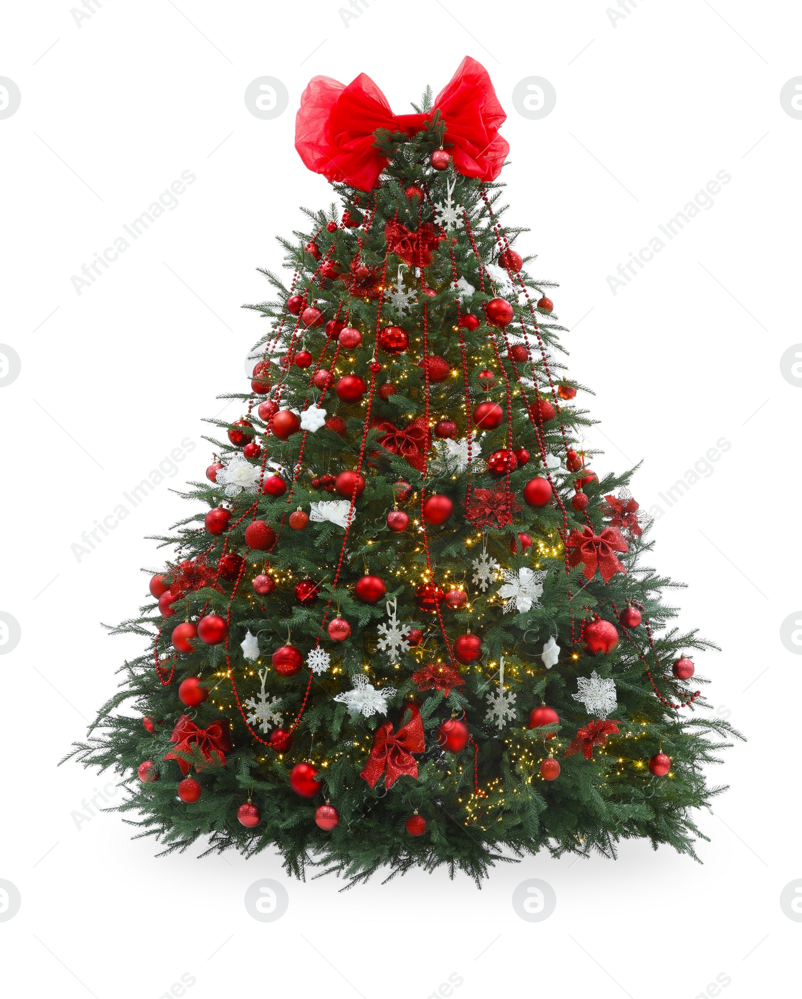 Photo of Beautiful Christmas tree decorated with ornaments, bow and garland isolated on white