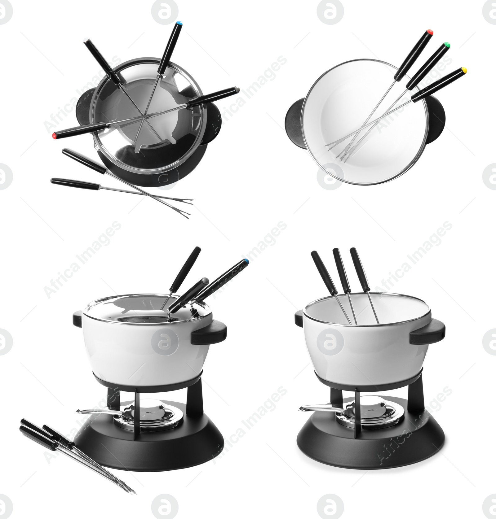 Image of Modern fondue sets on white background, collage