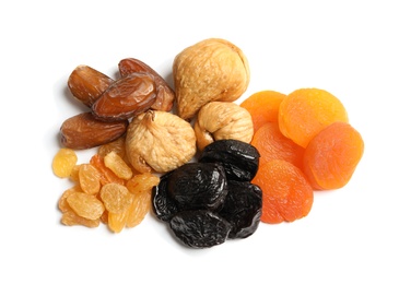 Different dried fruits on white background. Healthy lifestyle