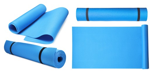 Image of Set with blue camping mats on white background 