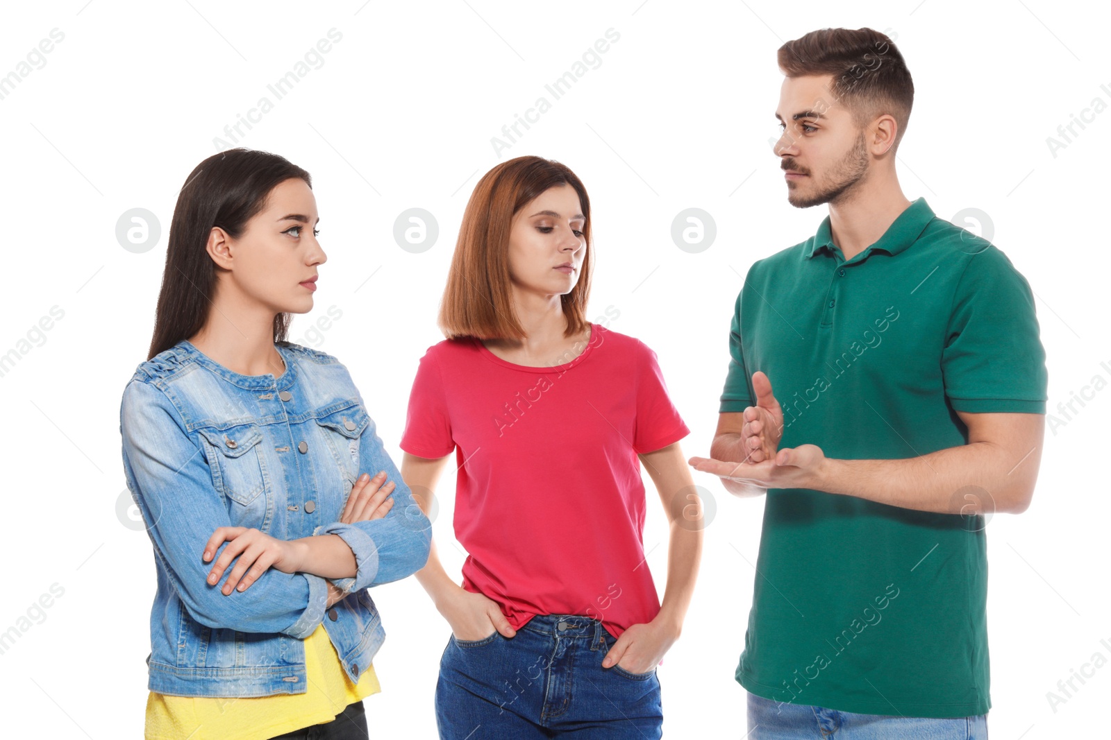 Photo of Hearing impaired friends using sign language for communication isolated on white