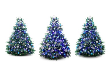 Image of Christmas tree decorated with ornaments and festive lights isolated on white, set