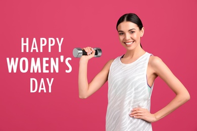 Image of Woman with dumbbell as symbol of girl power on pink background. Happy Women's Day