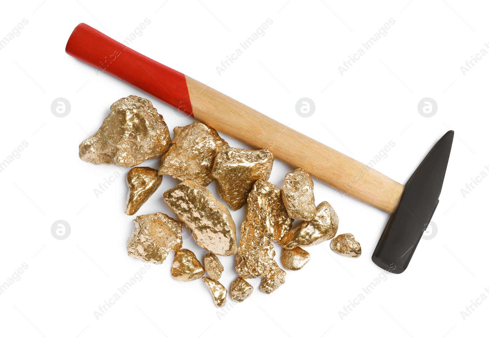 Photo of Pile of gold nuggets and hammer on white background, top view