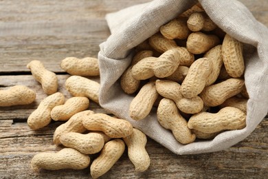 Fresh unpeeled peanuts in sack on wooden table